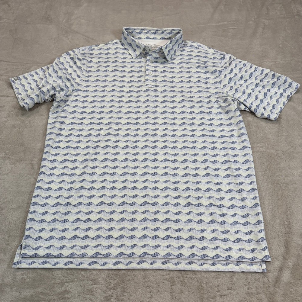 Straight Down Mens XL Performance Golf Polo Shirt Blue Green Wave Print Stretch